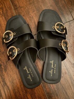 Mila Paoli Black Slide Sandals with Gold Buckles